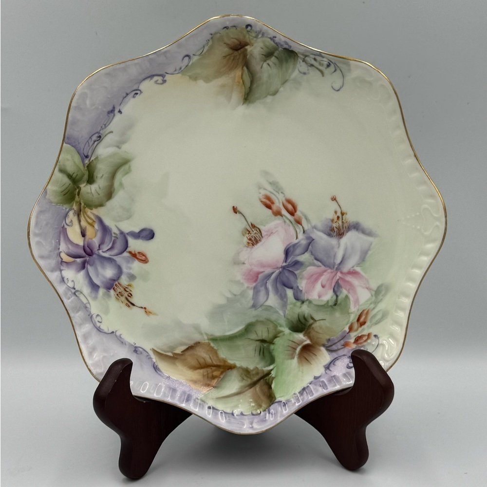 Vintage Bavarian Hand Painted Porcelain Plate Scalloped Edge with Gold Trim